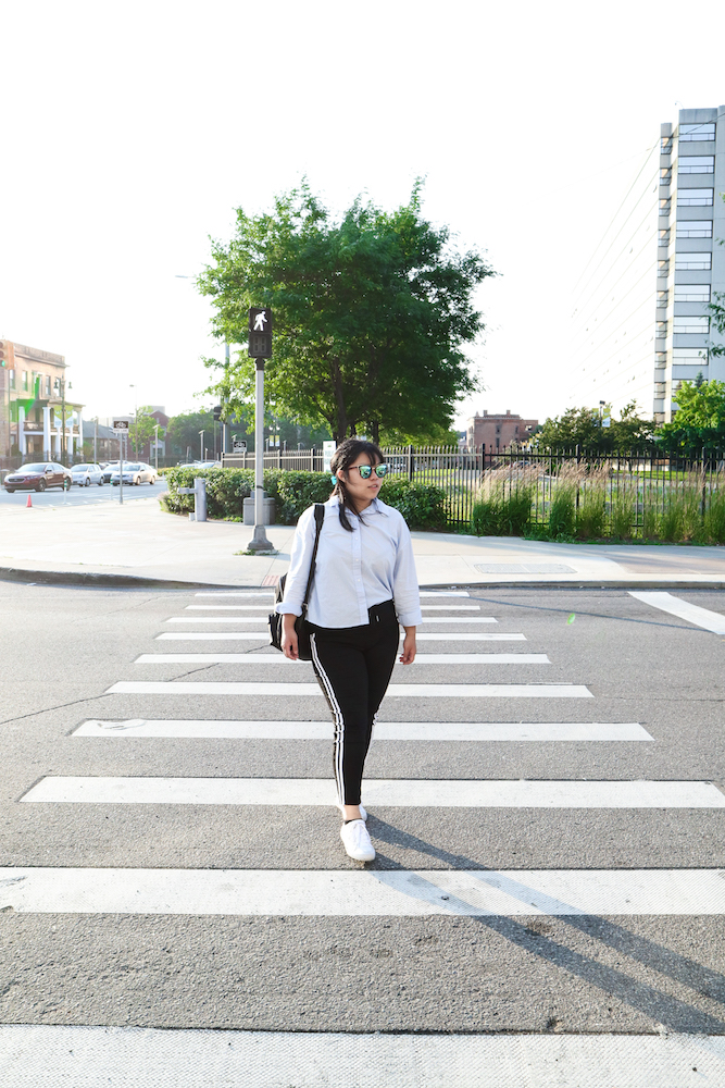 Work in the City | Blue Button Up & Backpack